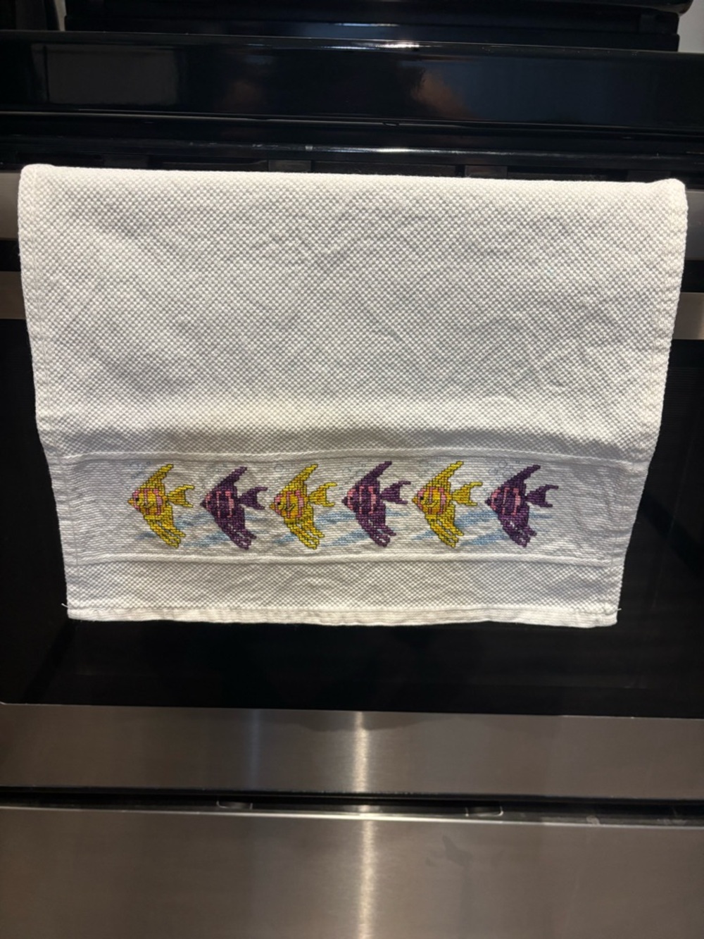 Embroidered White Kitchen Towel with Yellow & Purple Fish